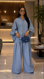 Boho Chic Striped Linen Blend Set - Flared Sleeve Button-Up Top & Wide Leg Pants Co-ord