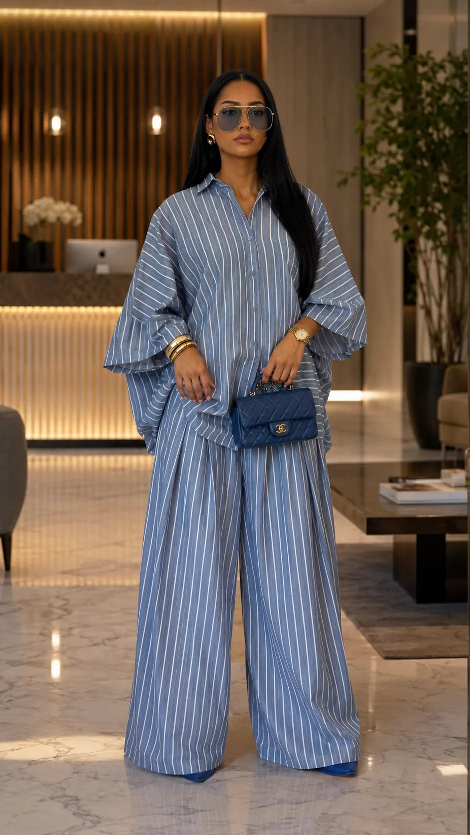 Boho Chic Striped Linen Blend Set - Flared Sleeve Button-Up Top & Wide Leg Pants Co-ord