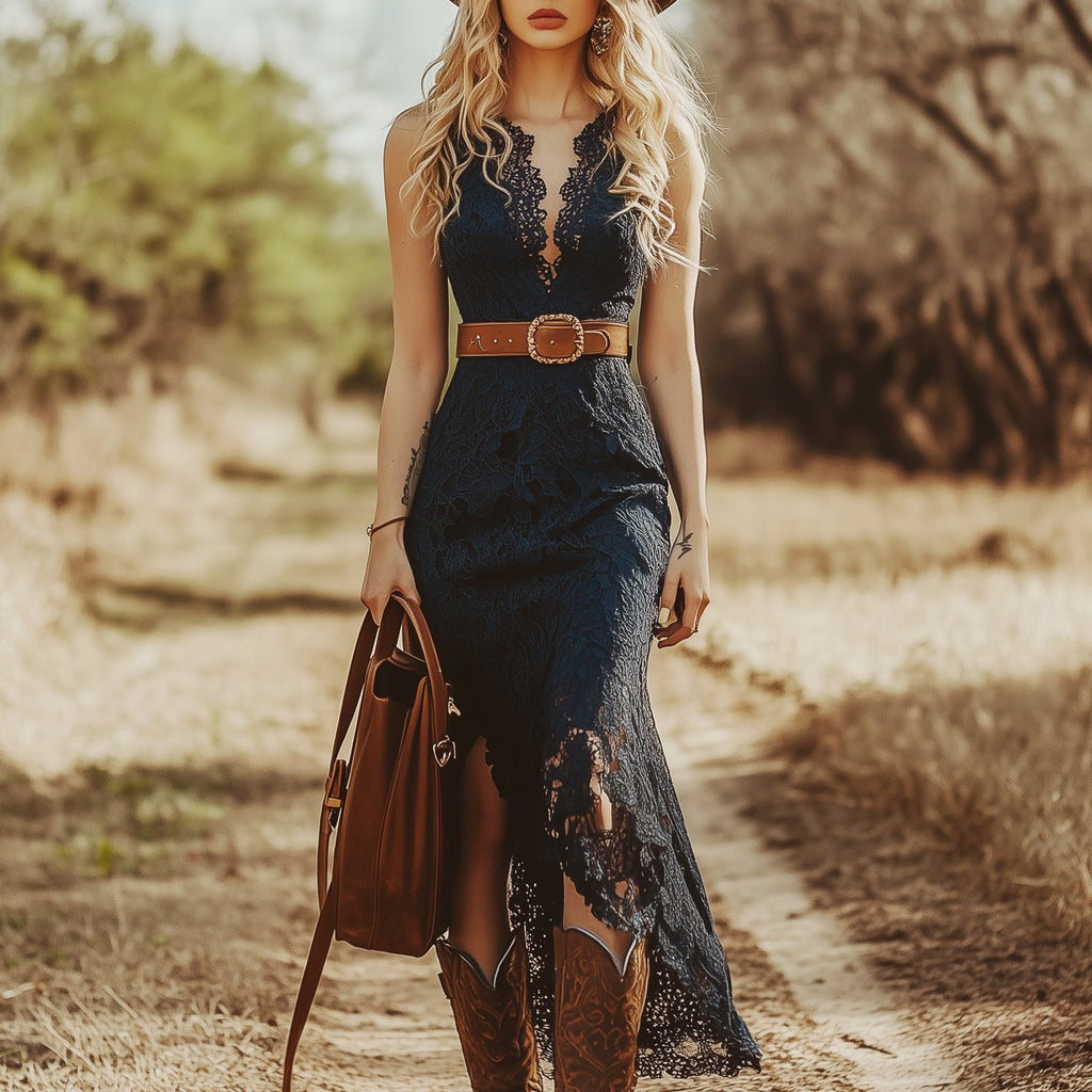 Country Western Vintage Bohemian Blue Lace Sleeveless Midi Dress