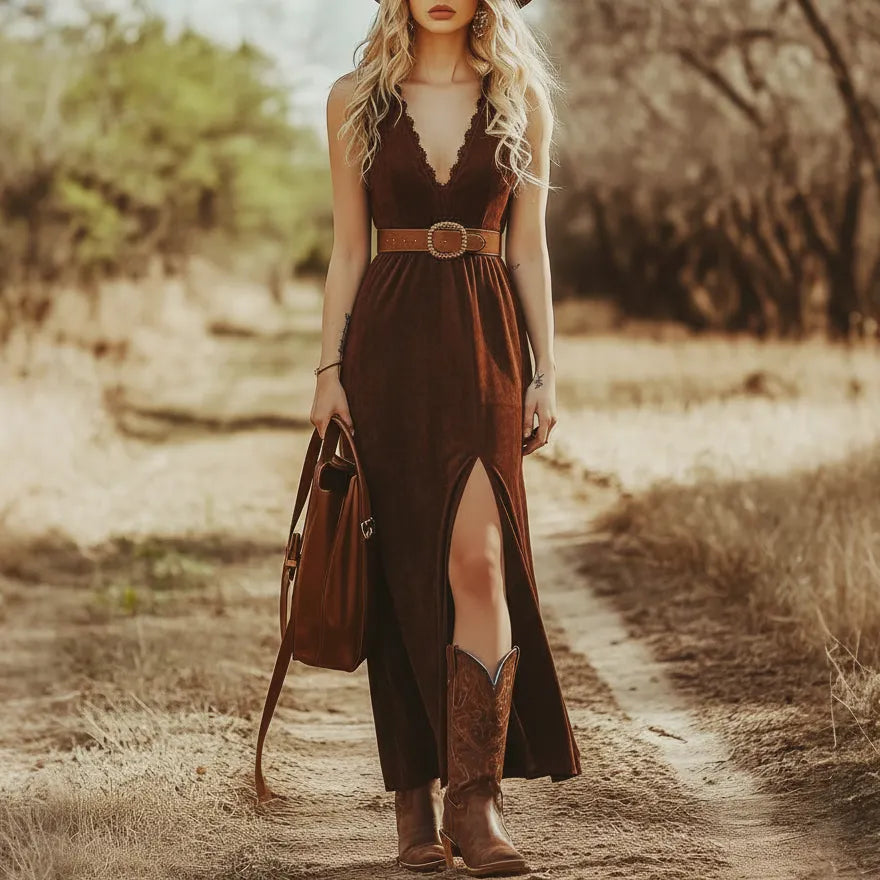 Western Retro Suede Lace V-neck Slit Maxi Dress