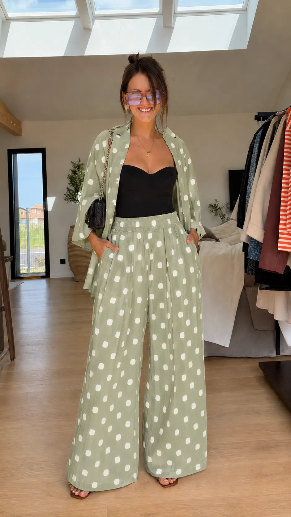 Boho Polka Dot Print Pant Set - Asymmetric Layered Kimono Top & Wide Leg Pants Co-ord