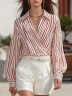 Resort-style Long-sleeve Striped Chiffon Top