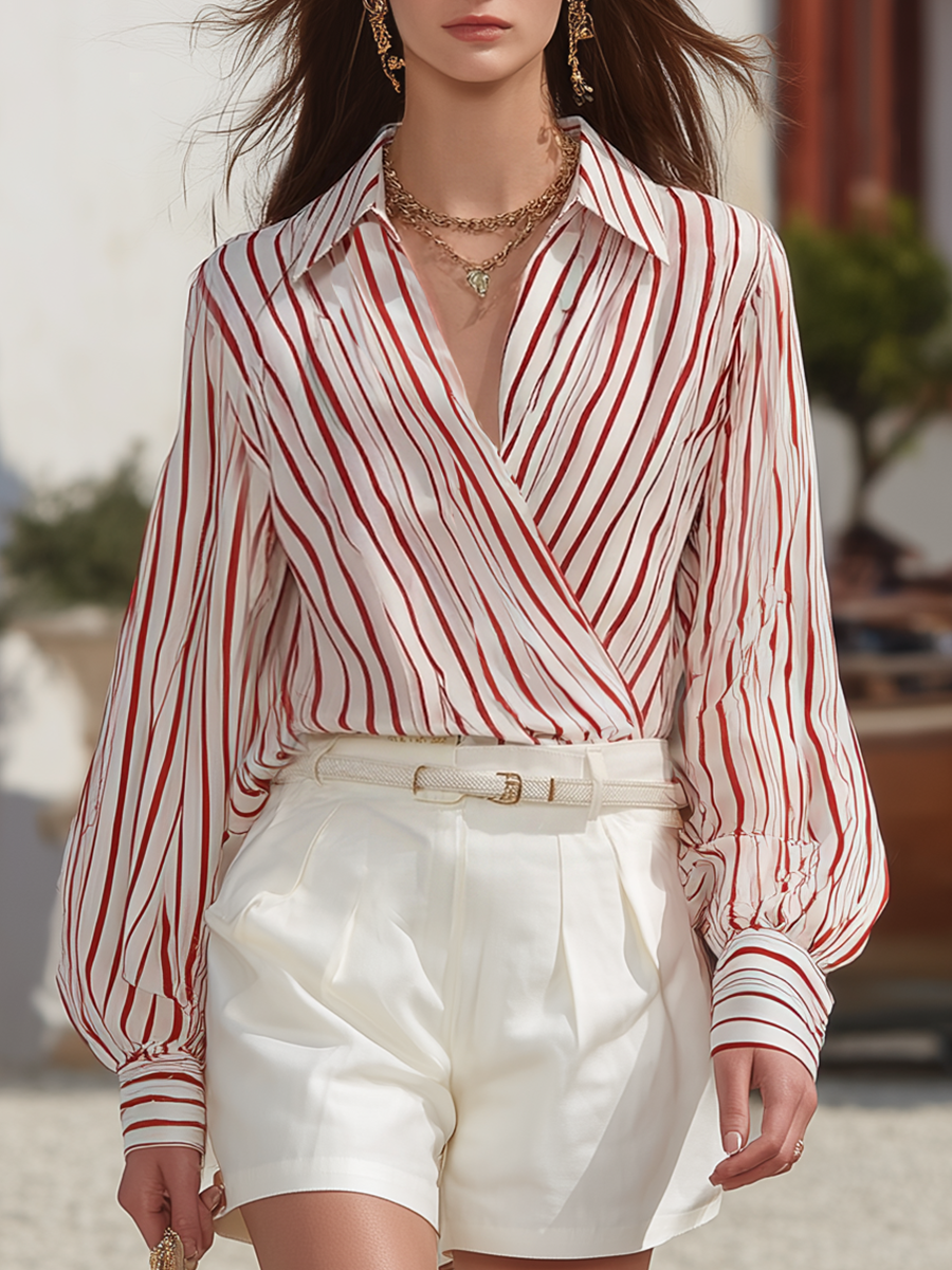 Resort-style Long-sleeve Striped Chiffon Top