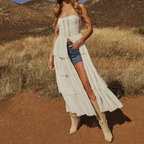 Western Cotton Blend White Tiered Maxi Dress Bustier Flyaway Tunic With Lace Detailing And Adjustable Straps For Boho Style