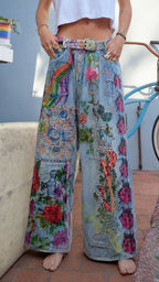 Bohemian Patchwork Floral Embroidered Wide Leg Jeans - Vintage Baggy Denim Pants
