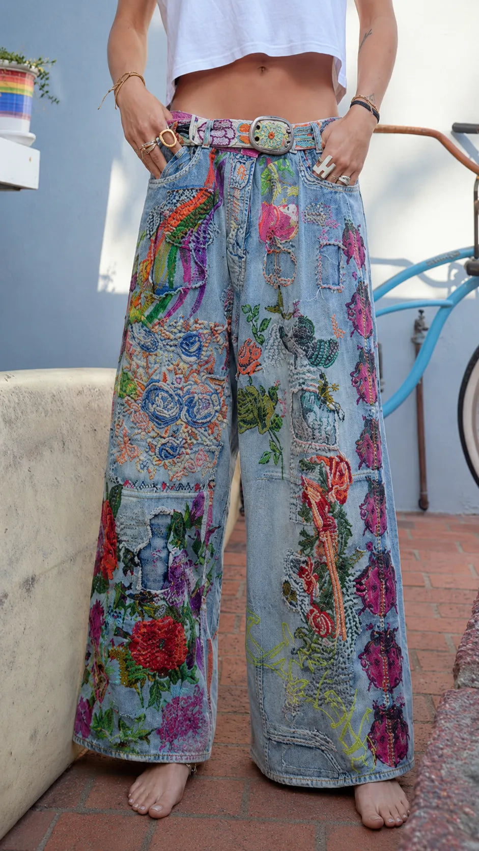 Bohemian Patchwork Floral Embroidered Wide Leg Jeans - Vintage Baggy Denim Pants