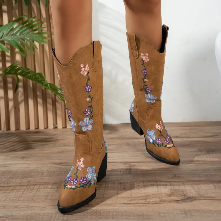 Women's Western Cowgirl Leather Floral Embroidered Mid-calf Solid Color Thick Heel Knight Boots