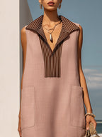 Luxe Island Vacation Blush & Brown Striped Collar Fringe Hem Midi Dress