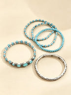 Ideal For Music Festivals — Vintage Silver & Turquoise Multi-Layer Beaded Stack & Heavy Sculpted Metal Detailing Premium Lightweight Alloy Boho Chic Bracelet Set