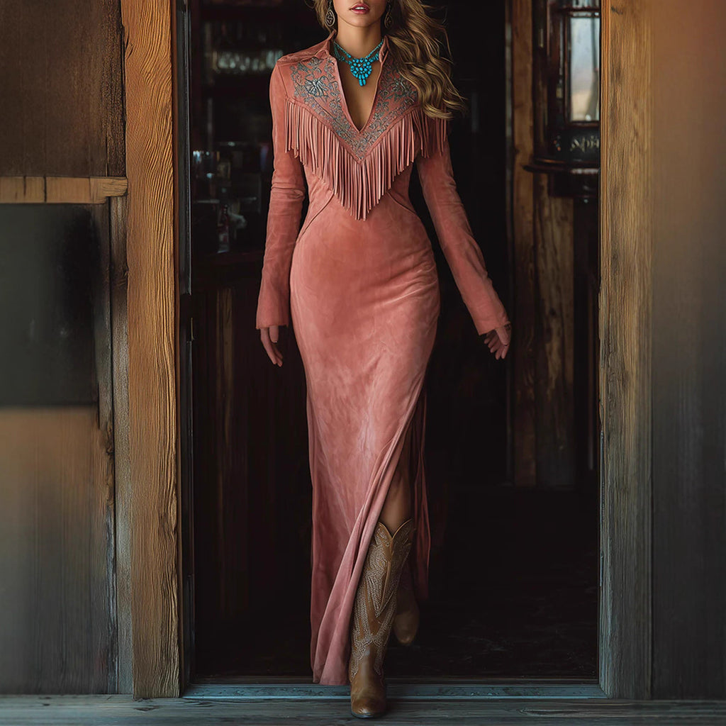 Suede Long Sleeve Fringe Dress With Embroidered V-Neck And Side Slit For Women