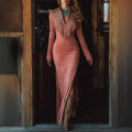 Suede Long Sleeve Fringe Dress With Embroidered V-Neck And Side Slit For Women