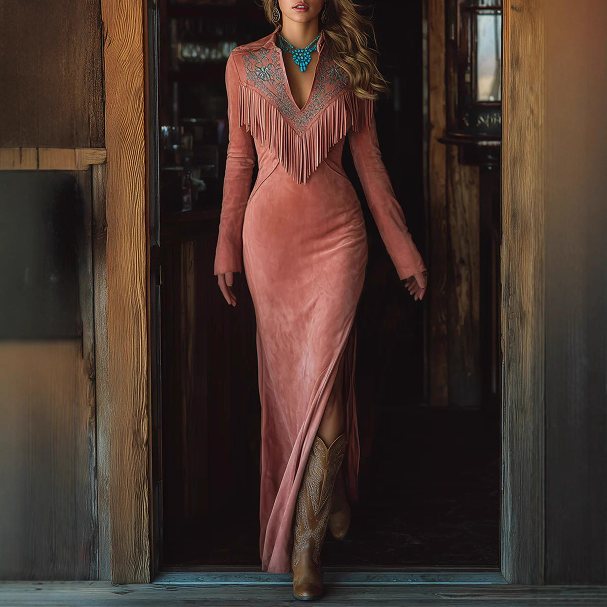 Suede Long Sleeve Fringe Dress With Embroidered V-Neck And Side Slit For Women