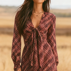 Women's Vintage Autumn/Winter Western Country  V-Neck Chiffon Plaid Print Dress