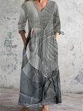 Women's V Neck Abstract Red Crowned Crane Art Print Cotton and Linen Pocket Dress