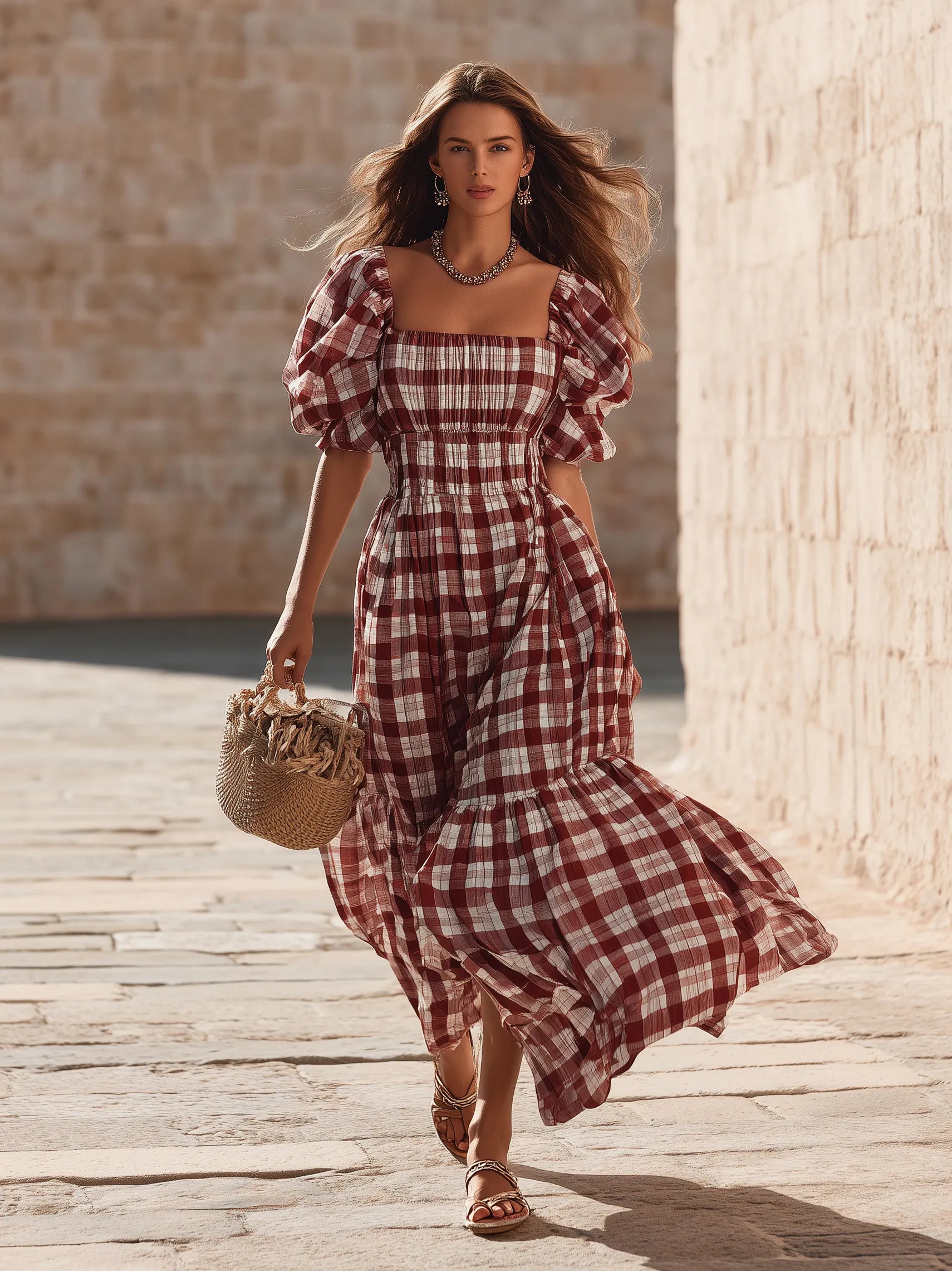Cottagecore Burgundy Gingham Square Neck Puff Sleeve Tiered Midi Dress