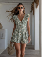Tropical Resort Sage Leaf Print Chiffon Ruffle V Neck Romper