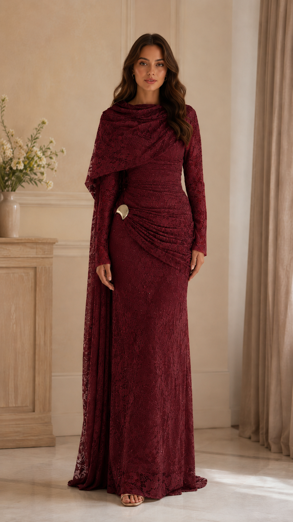 Lace Draped Cape Sleeve Maxi Evening Dress