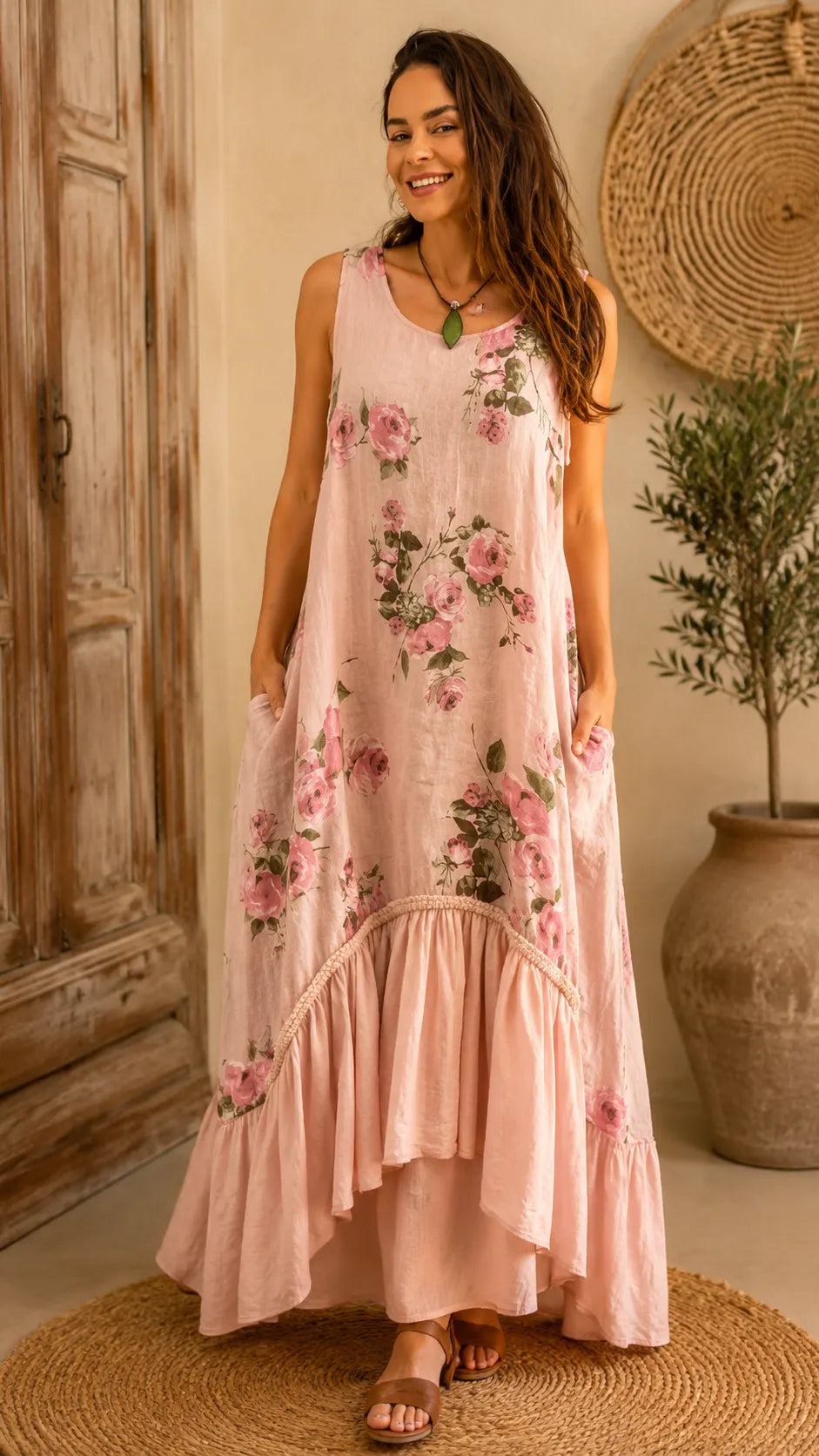 Boho Floral Print Sleeveless Maxi Dress - V-Neck High-Low Ruffle Hem Summer Dress