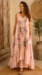 Boho Floral Print Sleeveless Maxi Dress - V-Neck High-Low Ruffle Hem Summer Dress
