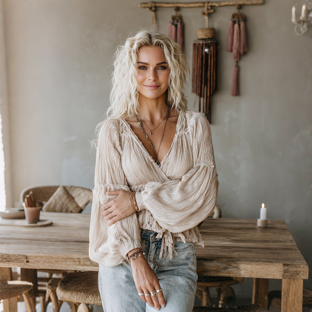 Women's Elegant Loose Comfortable Breathable Pleated Linen V-neck Long-sleeved Top