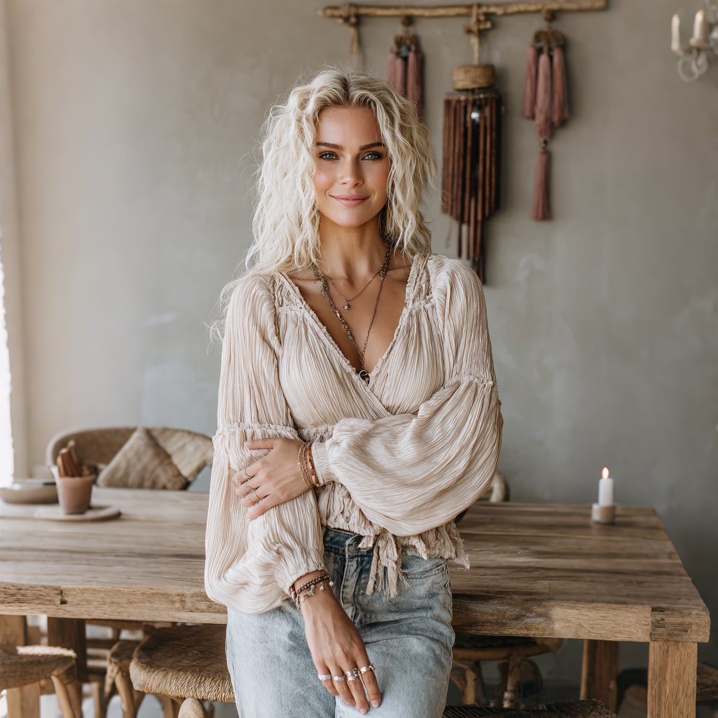 Women's Elegant Loose Comfortable Breathable Pleated Linen V-neck Long-sleeved Top