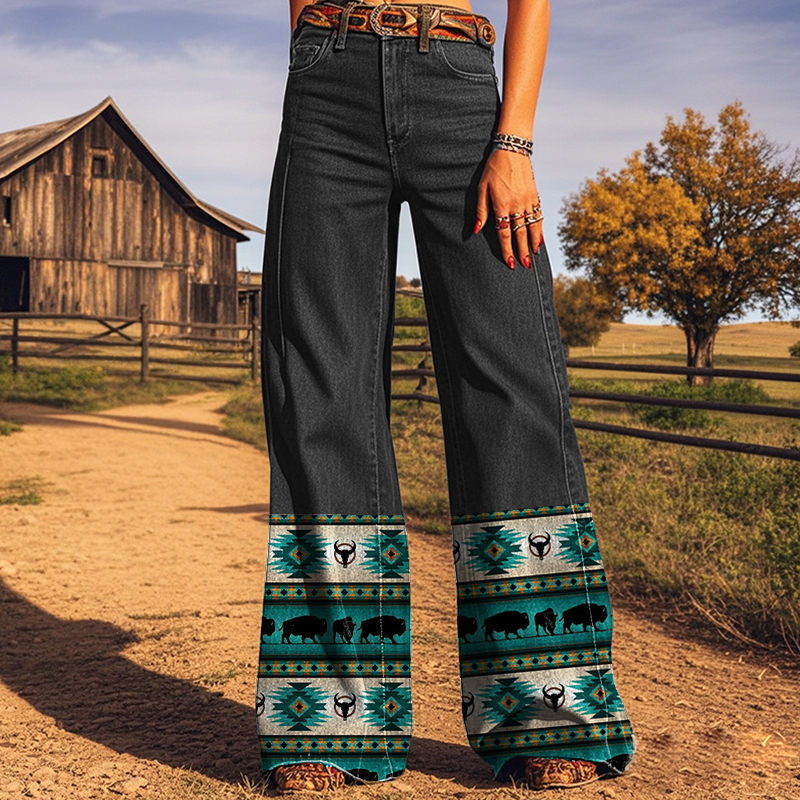 Women's Retro Western Geometric Country Ethnic Printed Faux Denim Wide Leg Pants