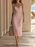 Vacation Style Blush Pink Double-Breasted Linen-Blend Slip Midi Dress