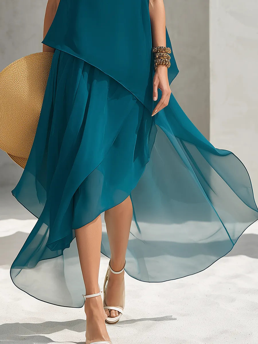 Elegant Vacation Spaghetti-Strap Asymmetrical Hem Maxi Dress And Sleeveless Cover-Up Two-Piece Set