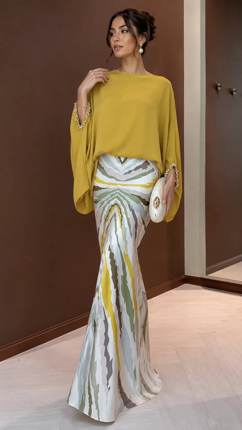 Boho Chic Color Block Maxi Dress - Oversized Top & Mermaid Printed Skirt Set with Bracelet Sleeves