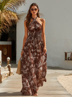Desert Wander Brown Floral Halter Neck Chiffon Maxi Dress