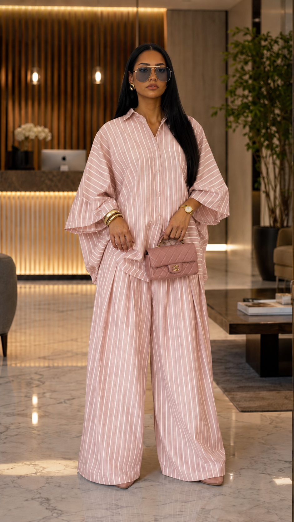 Boho Chic Striped Linen Blend Set - Flared Sleeve Button-Up Top & Wide Leg Pants Co-ord