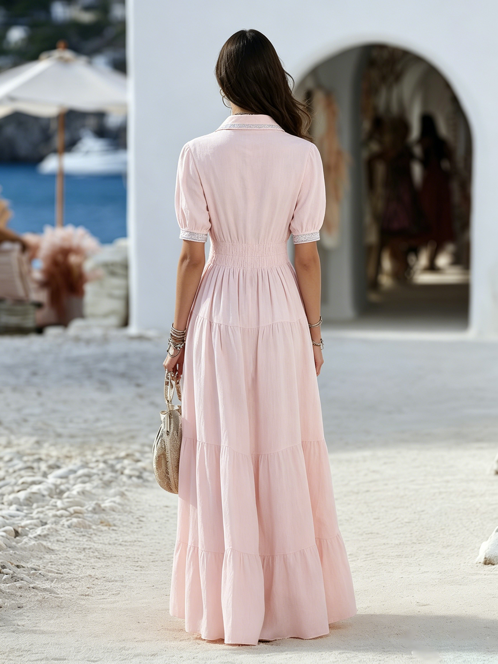 Resort-style Square-neck Embroidered Short-sleeve Maxi Dress