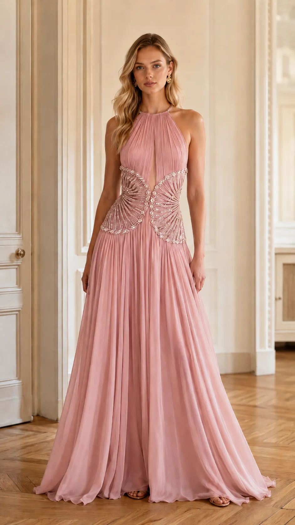 Pleated Halter Open-Back Embellished Evening Gown