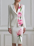 Peony Print Single Button Blazer & Pencil Midi Skirt Two-Piece Suit Set