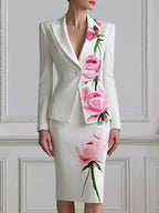 Peony Print Single Button Blazer & Pencil Midi Skirt Two-Piece Suit Set