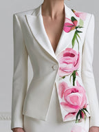Peony Print Single Button Blazer & Pencil Midi Skirt Two-Piece Suit Set