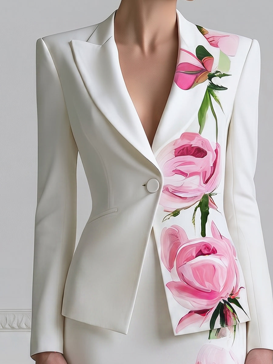 Peony Print Single Button Blazer & Pencil Midi Skirt Two-Piece Suit Set