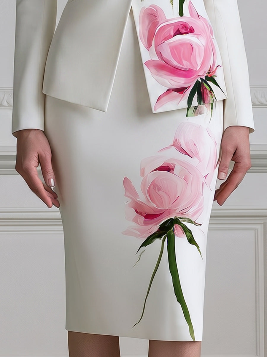 Peony Print Single Button Blazer & Pencil Midi Skirt Two-Piece Suit Set
