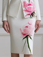 Peony Print Single Button Blazer & Pencil Midi Skirt Two-Piece Suit Set