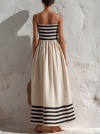 Black And Beige Stripe Spaghetti Strap Maxi Dress