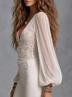 Boho Sheer Lace Deep V-Neck Button-Front Sheer Balloon Sleeve Blouse