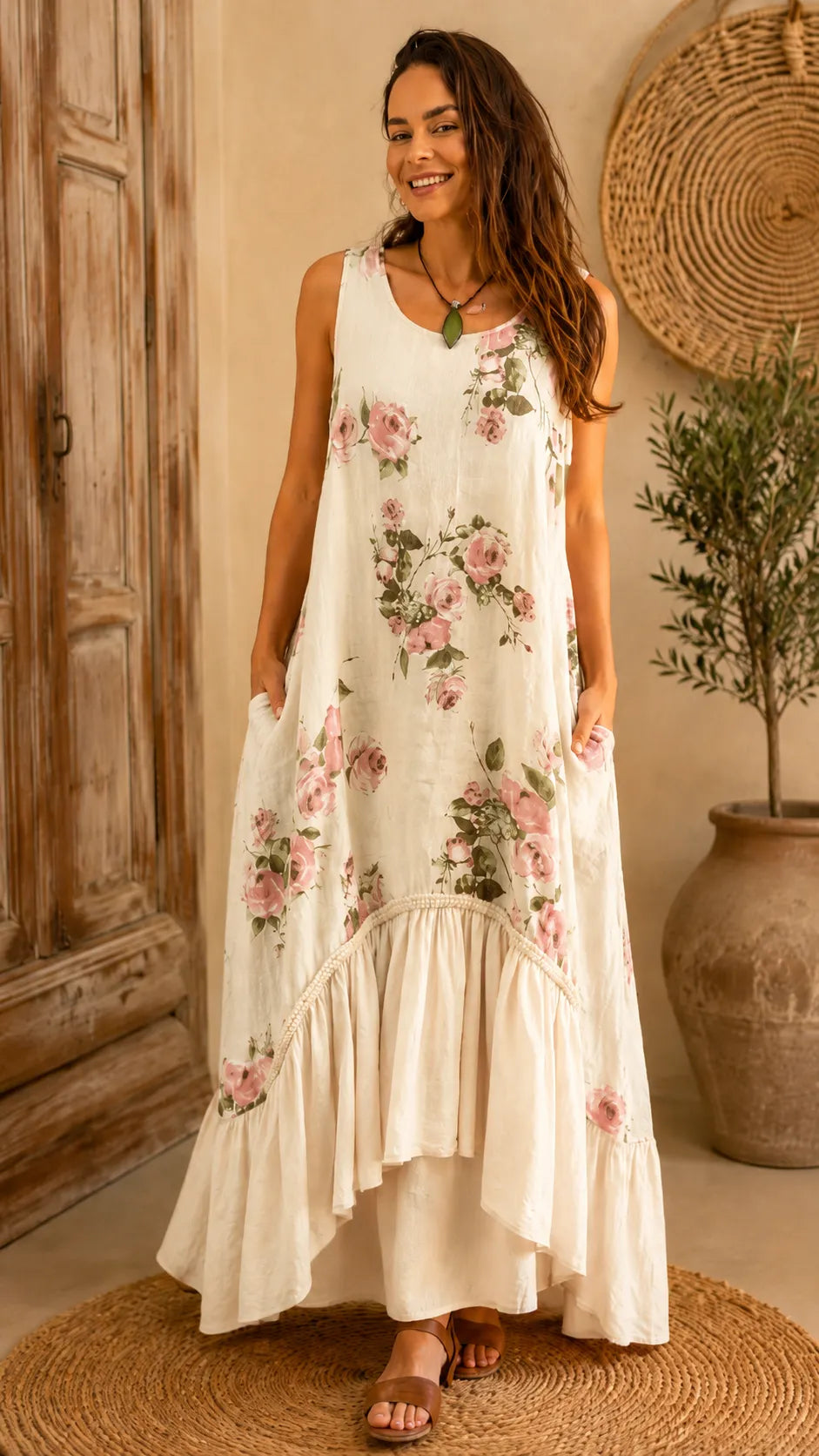 Boho Floral Print Sleeveless Maxi Dress - V-Neck High-Low Ruffle Hem Summer Dress