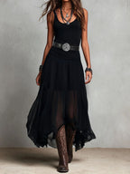 Boho Western Black  Stretchy Maxi  Dress With Sheer Skirt
