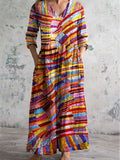 Women's V-Neck Geometric Pattern Long Sleeve Dress With Pockets