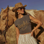 Cotton Blend Cropped Sleeveless Top With 'Howdy' Rope Embroidery Design
