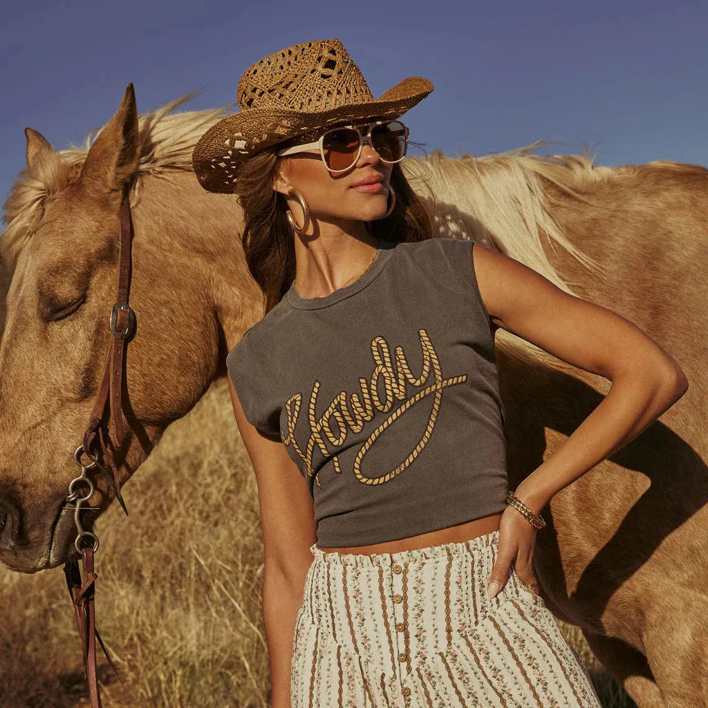 Cotton Blend Cropped Sleeveless Top With 'Howdy' Rope Embroidery Design