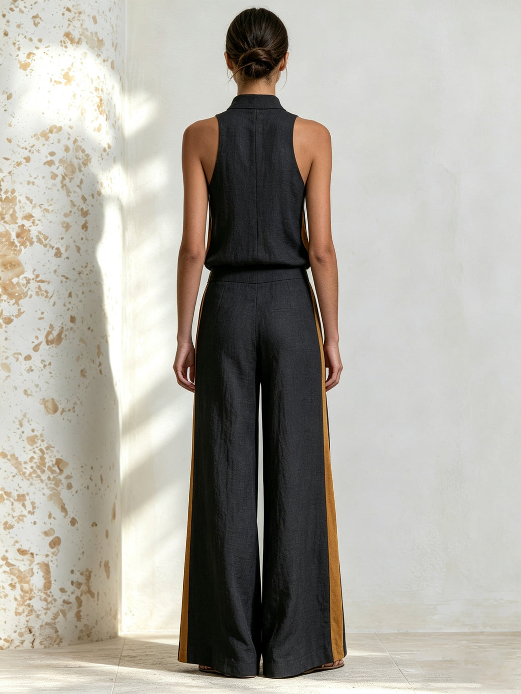 Women’s Sleeveless High Neck Top & Wide Leg Pants Set with Contrast Stripe