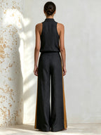 Women’s Sleeveless High Neck Top & Wide Leg Pants Set with Contrast Stripe