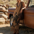 Spring Outfits Women's Vintage Boho Fringe Dress With Floral Embroidery