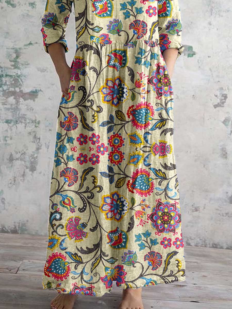 Elegantes Damenkleid mit Blumenmuster, V-Ausschnitt und Baumwollstoff mit Taschen